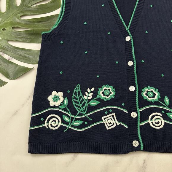 Koret Womens Vintage 90s Sweater Vest Size L Navy Blue Green Floral Embroidered - Picture 4 of 9